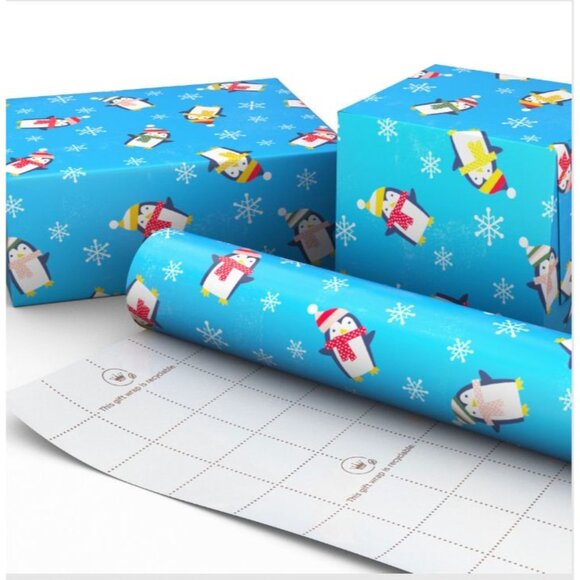 Hallmark Wrapping Paper Christmas Winter Playful Penguins 90 sq ft Jumbo Roll - Picture 5 of 5